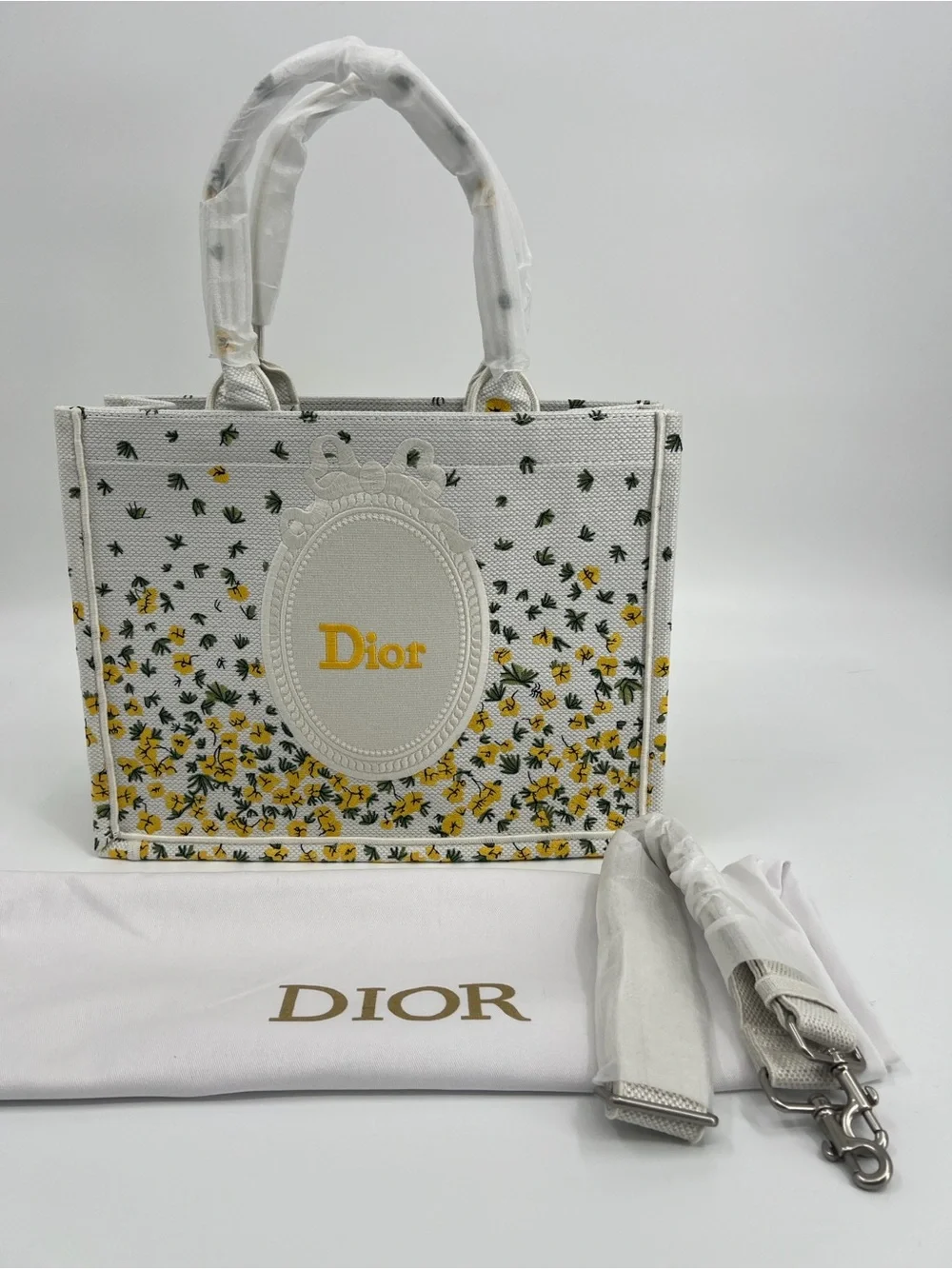 Medium Canvas White Floral Embroidered Book Tote with Yellow Accents